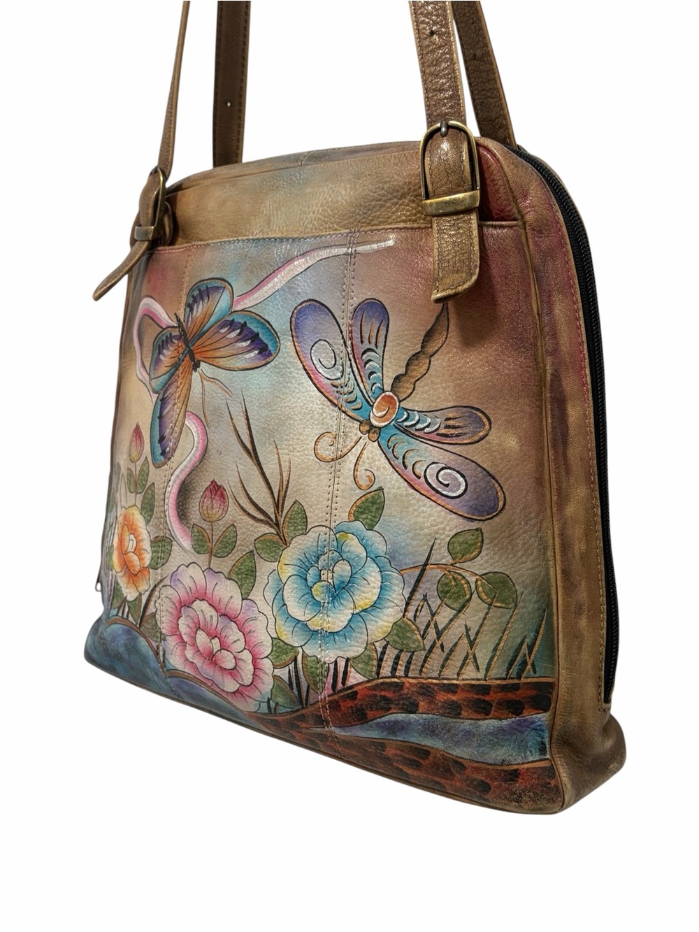 Anuschka Vintage Floral & Butterfly Hand Painted Leather Shoulder Bag - Like New